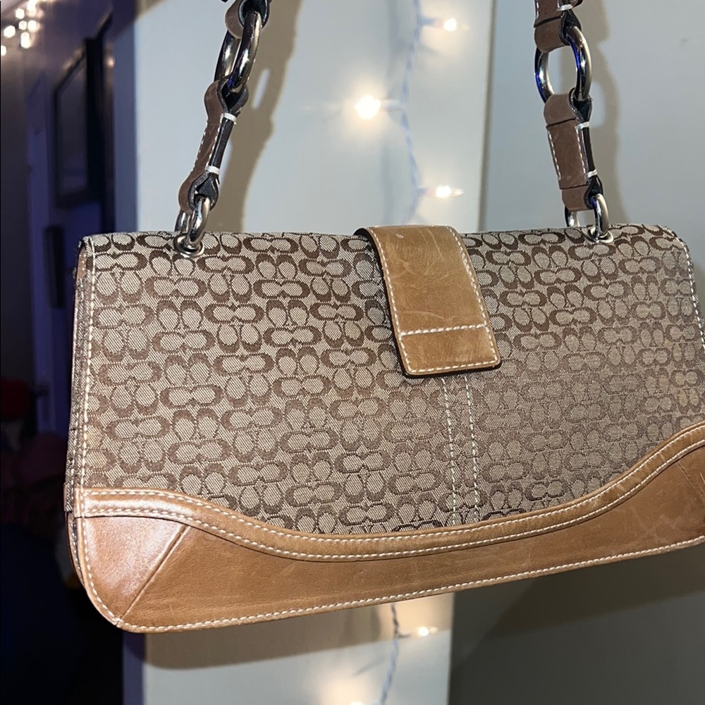 Coach Brown Leather Trim Shoulder Bag with Signature Monogram Soho Flap - Picture 3 of 8